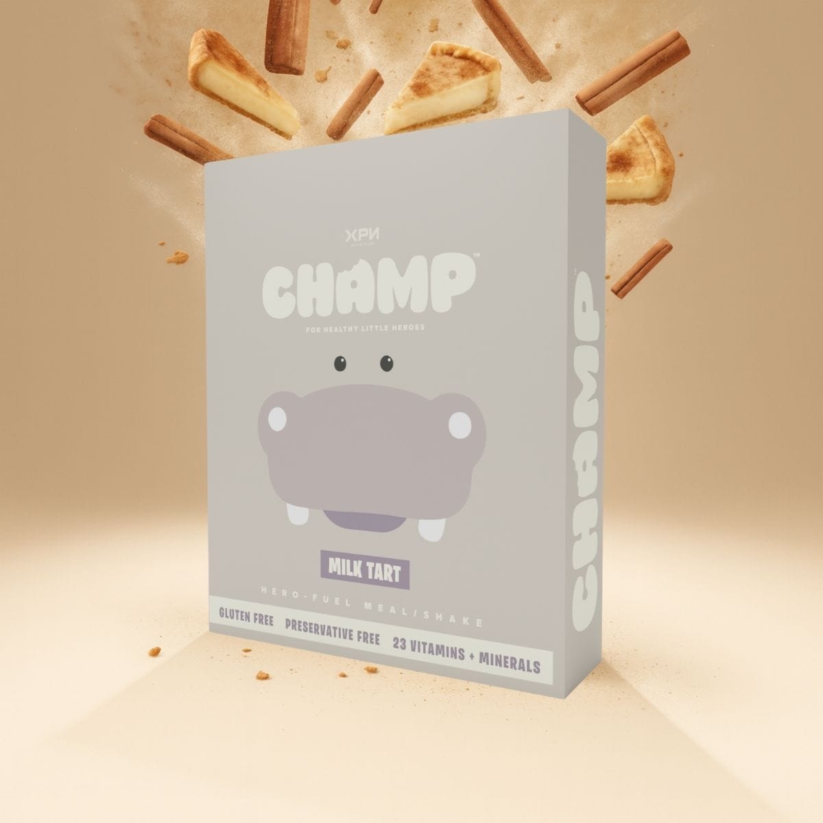 XPN Nutrition CHAMP kids cereal and meal replacement shake in 450g container, featuring colorful packaging and a healthy meal option.